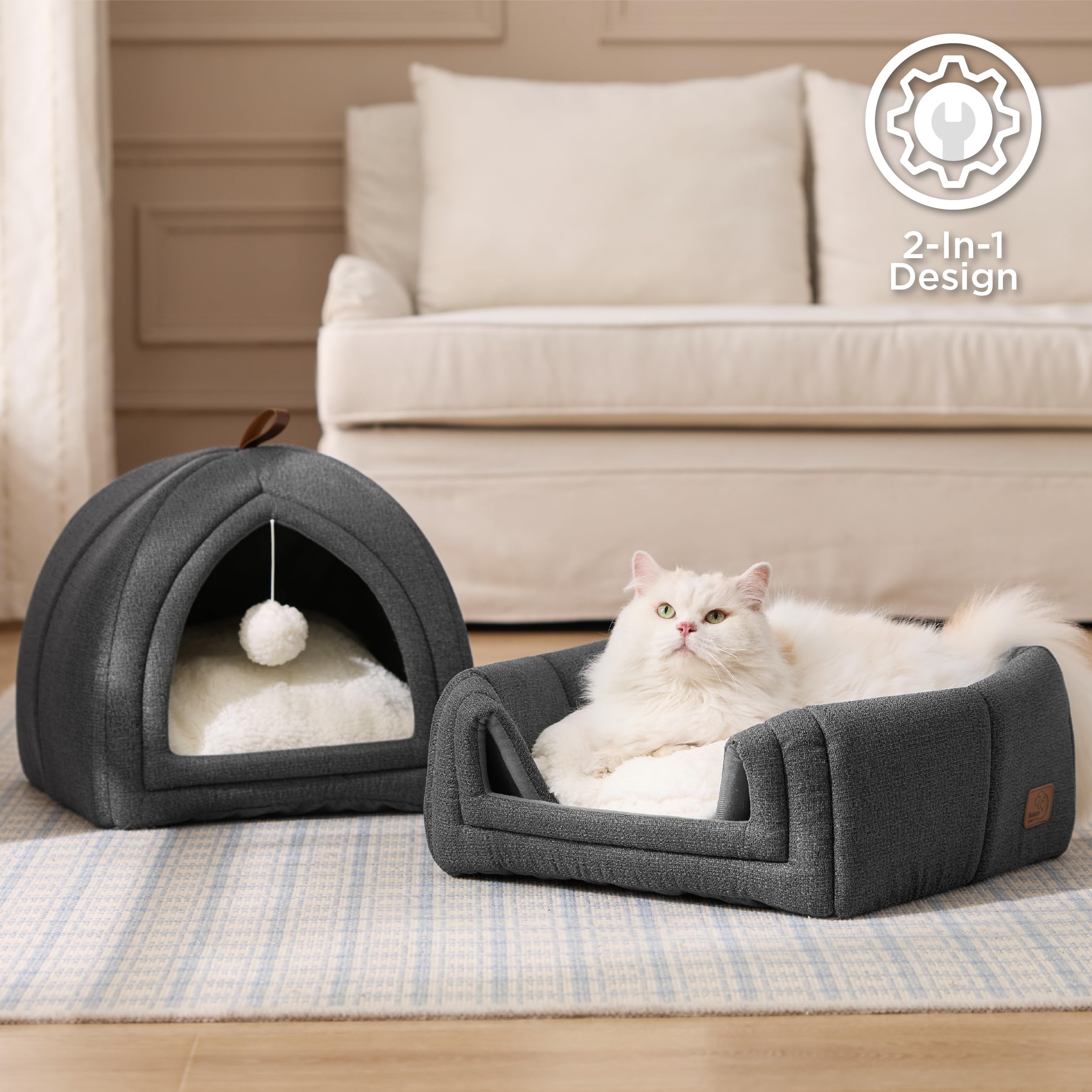 BEDSURE Katzenbett große Katzen Katzenhöhle- 40x40x40 cm Katzenhaus Indoor mit abnehmbarem Sherpa Katzenkissen und hängendem Spielzeug, Katzen Bettchen waschbar, dunkelgrau