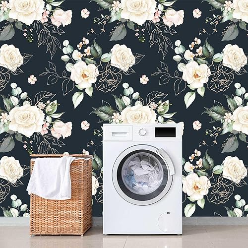 Miniatura 4 de Papel tapiz floral para despegar y pegar, papel de contacto extraíble, hojas de oro negro, bohemio, fácil de despegar, autoadhesivo, impermeable,