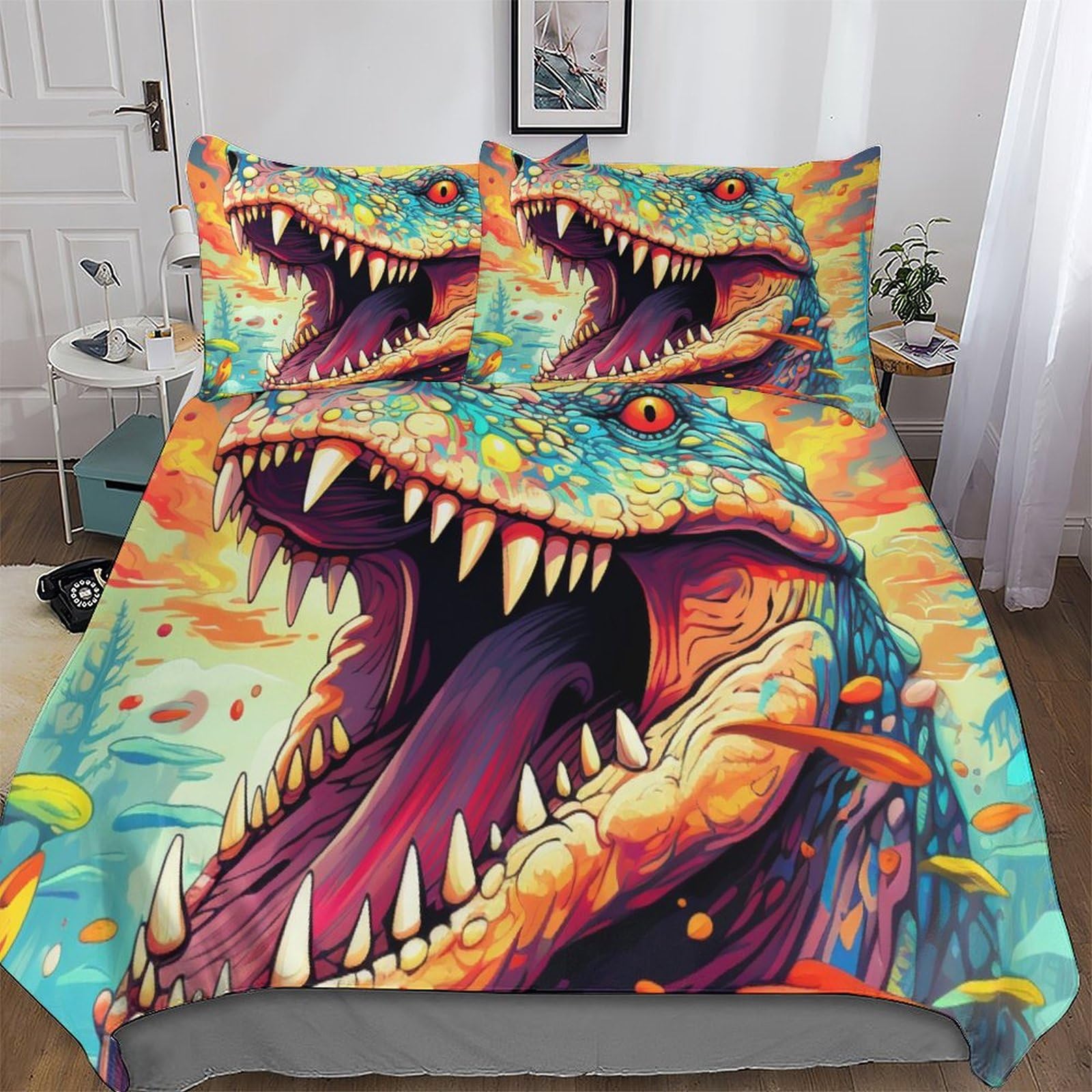 Housse de couette dinosaure 200x200cm parure de lit double douce lavable qui ne décolore pas