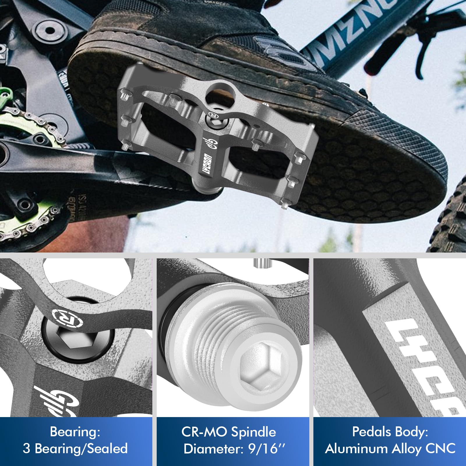 LYCAON Pedały rowerowe – rower wyścigowy/górski MTB pedały, 3 łożyska CNC, stop aluminium, antypoślizgowe wrzeciono CR-MO, pedały rowerowe 9/16", BMX Road Bike, antypoślizgowe, płaskie pedały