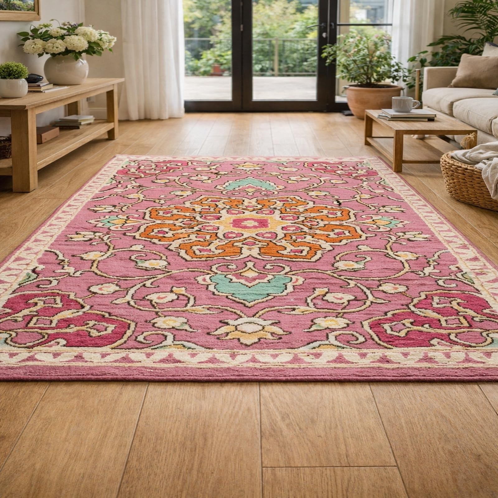 Tapis de salon chambre poils ras oriental rose orange bleu 120 x 200 cm