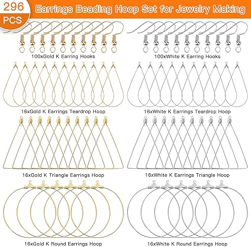 Miniatura 2 de Juego de 96 aretes de aro con cuentas para hacer joyas, aretes triangulares, lágrimas, redondos, con 200 ganchos para aretes, aros y alambres para
