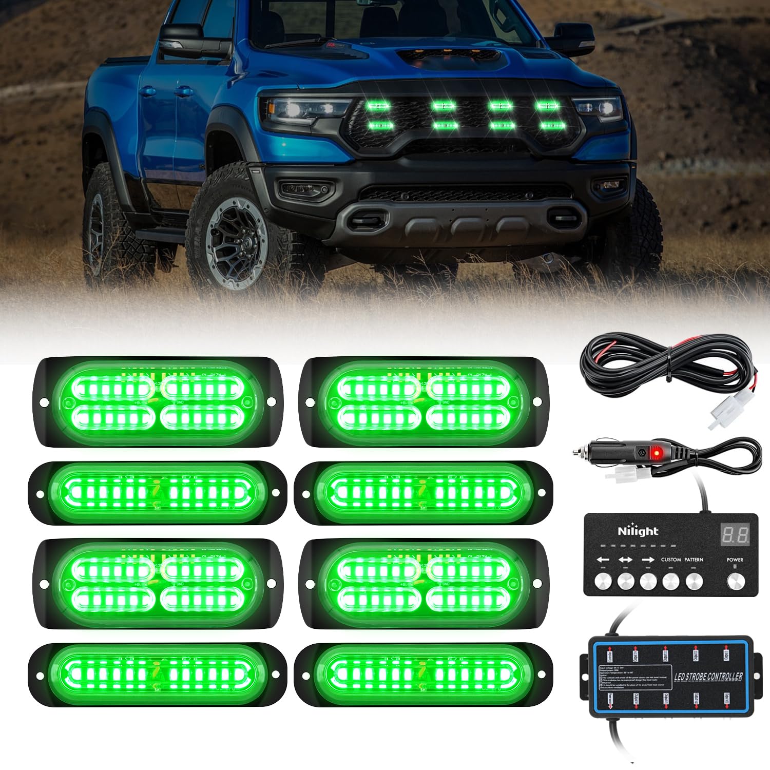 Nilight 8PCS Led Strobe Lights with Controller 12V 24V Sync Feature Green