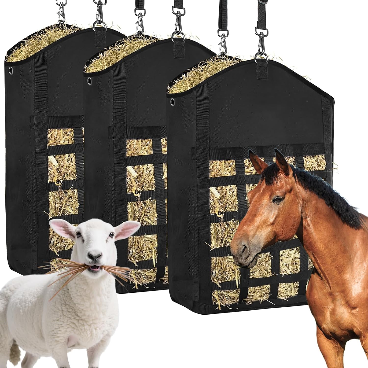 Hay Bag for Horses Goat: 3pcs Large Capacity Oxford Hay Feeder Bag with Hay Nets&Adjustable Strap - for Sheep Donkeys Cows Alpacas Ostriches or Other Farm Animals