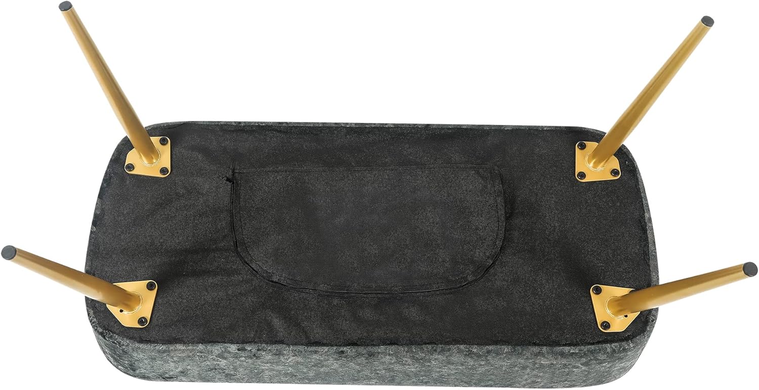 Adeco Upholstered Velvet Grey Marble Ottoman Bench, 35 inch Entryway Bench, End of Bed Bedroom Benches Footrest Stool with Golden Metal Legs for Bedroom, Living Room