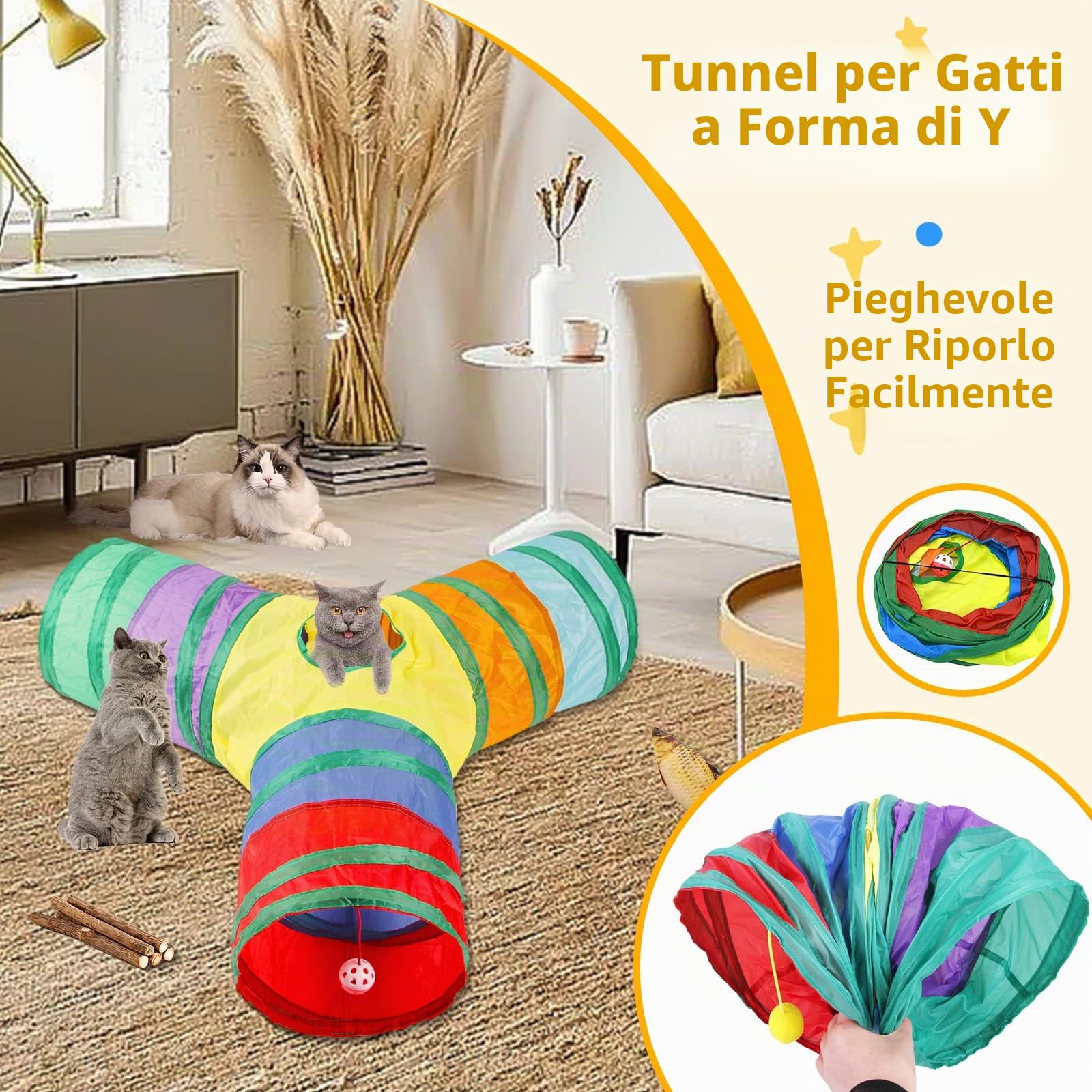 Set di Giocattoli per Gatti,37 Pezzi Giochi per Gatti,Gioco Gatto da Interno Set,con Tunnel per Gatti,Topi,Bacchetta di Piume,Pesci,Palline e Campane