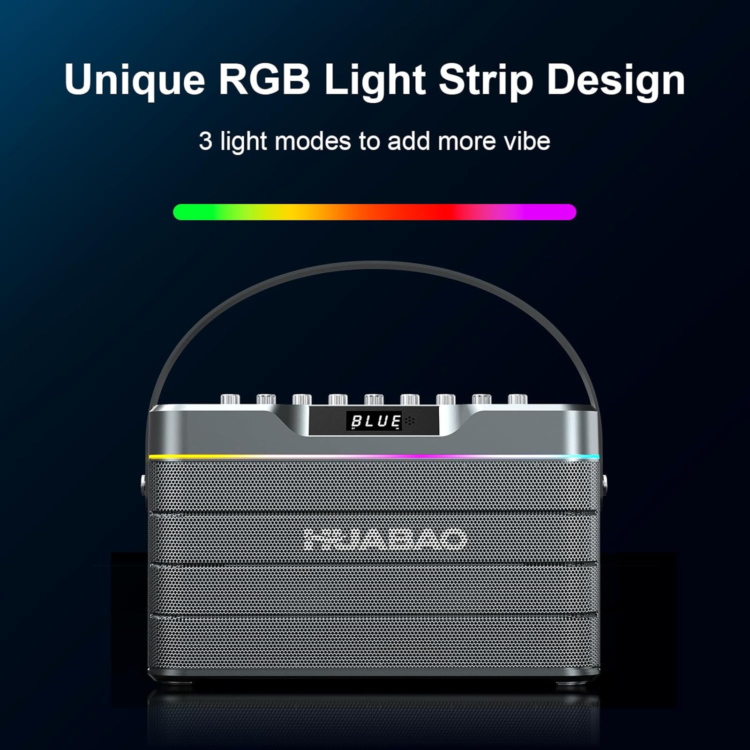 HUABAO Karaoke Machine A105 displaying 9000mAh battery capacity, 12 hours playing time, and 5 hours charging time.