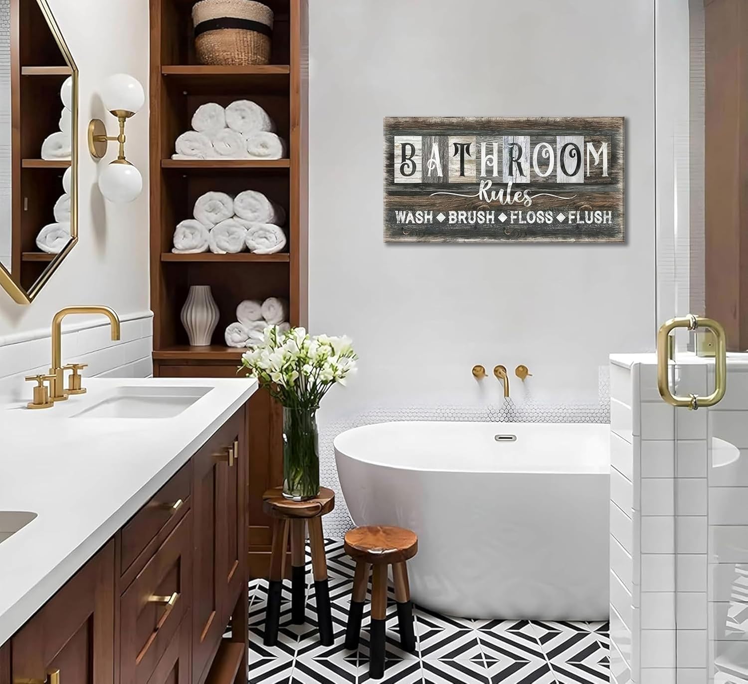 Bathroom Rules Canvas Wall Art Farmhouse Bathroom Sign Picture Vintage Rustic Poster Prints WASH BRUSH FLOSS FLUSH Humorous Sayings Wall Decor for Laundry Room Washroom Toilet Restroom 12x24in Framed