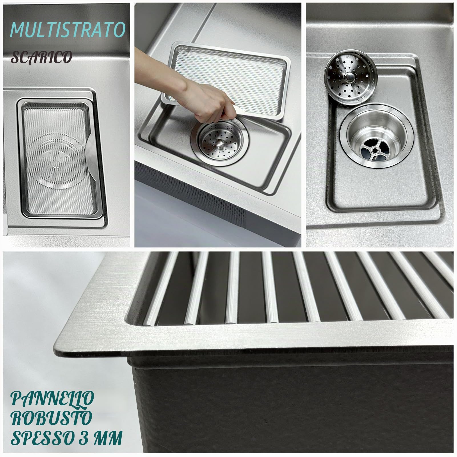 Lavello da Cucina 90x50cm Acciaio Inox 304, Kit Completo con Sifone e Drenaggio, Essiccatore, Tagliere, Vaschetta Piccola, Filtro Extra Grande, Resistente ai Graffi, Lavabo Basso/Montato su Piano