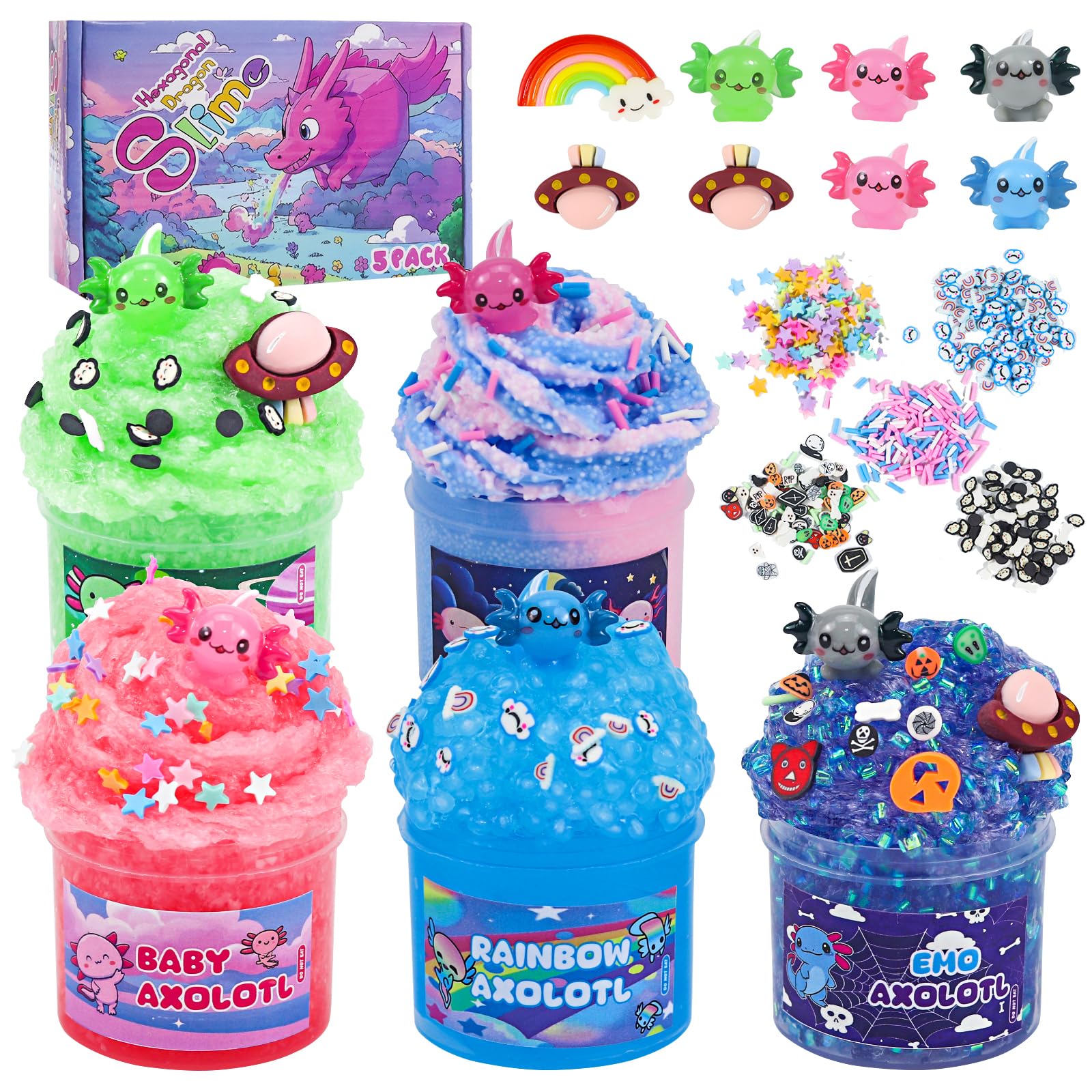 Axolotl Lot de 2 slimes colorés et en mousse pour enfants avec mini animaux lumineux dans le noir Idéal comme cadeau de fête pour filles et garçons