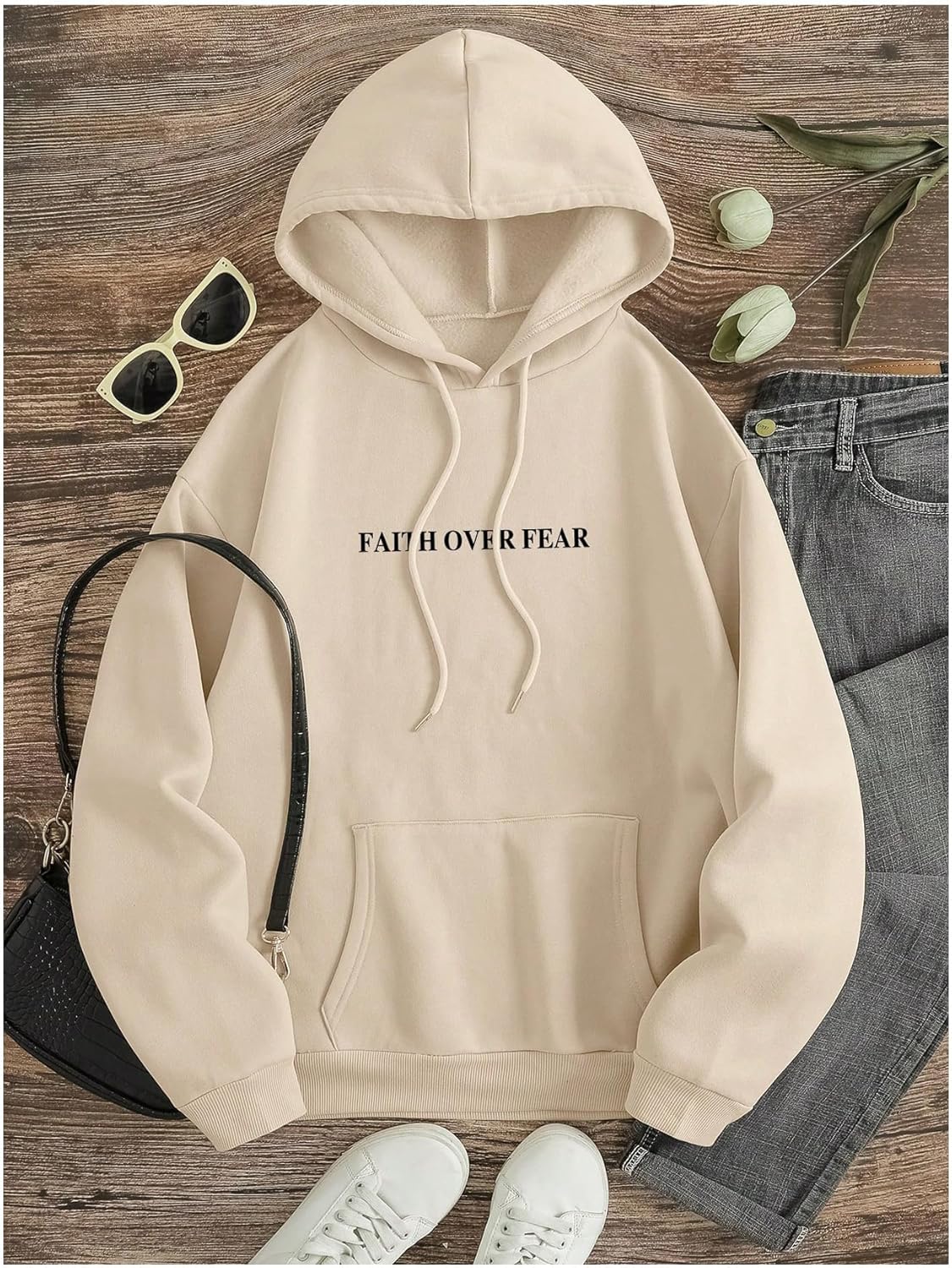 SHENHE Women's Graphic Hoodie Slogan Faith Over Fear Christian Hoodie Pullover Sweatshirt - Image 2