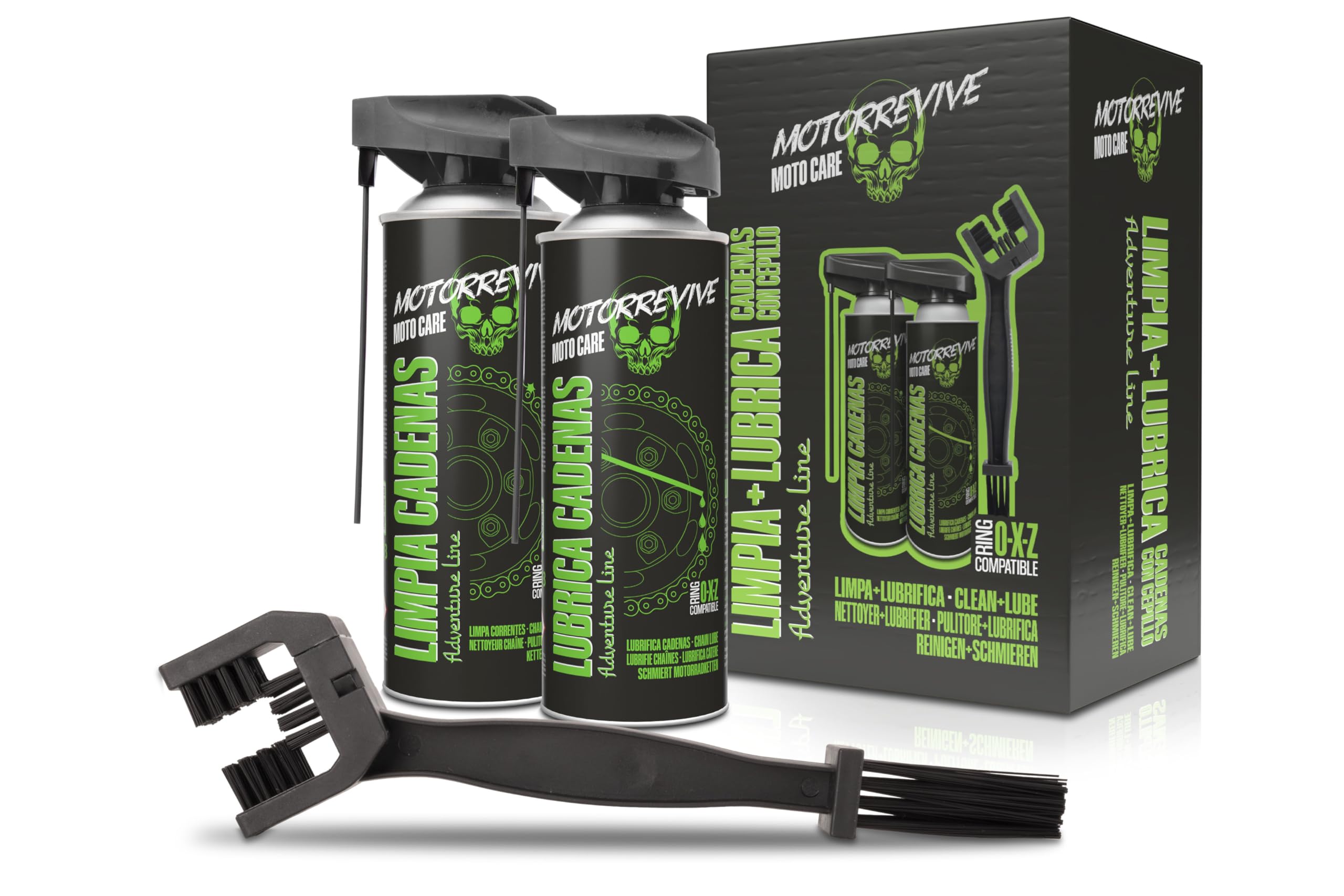 Pack Adventure Line con Limpiador, Lubricante y Cepillo para Cadenas de Moto Off-Road 380 + 380 ml | Mantenimiento Completo para Motocross, Enduro y Rutas Todo Terreno