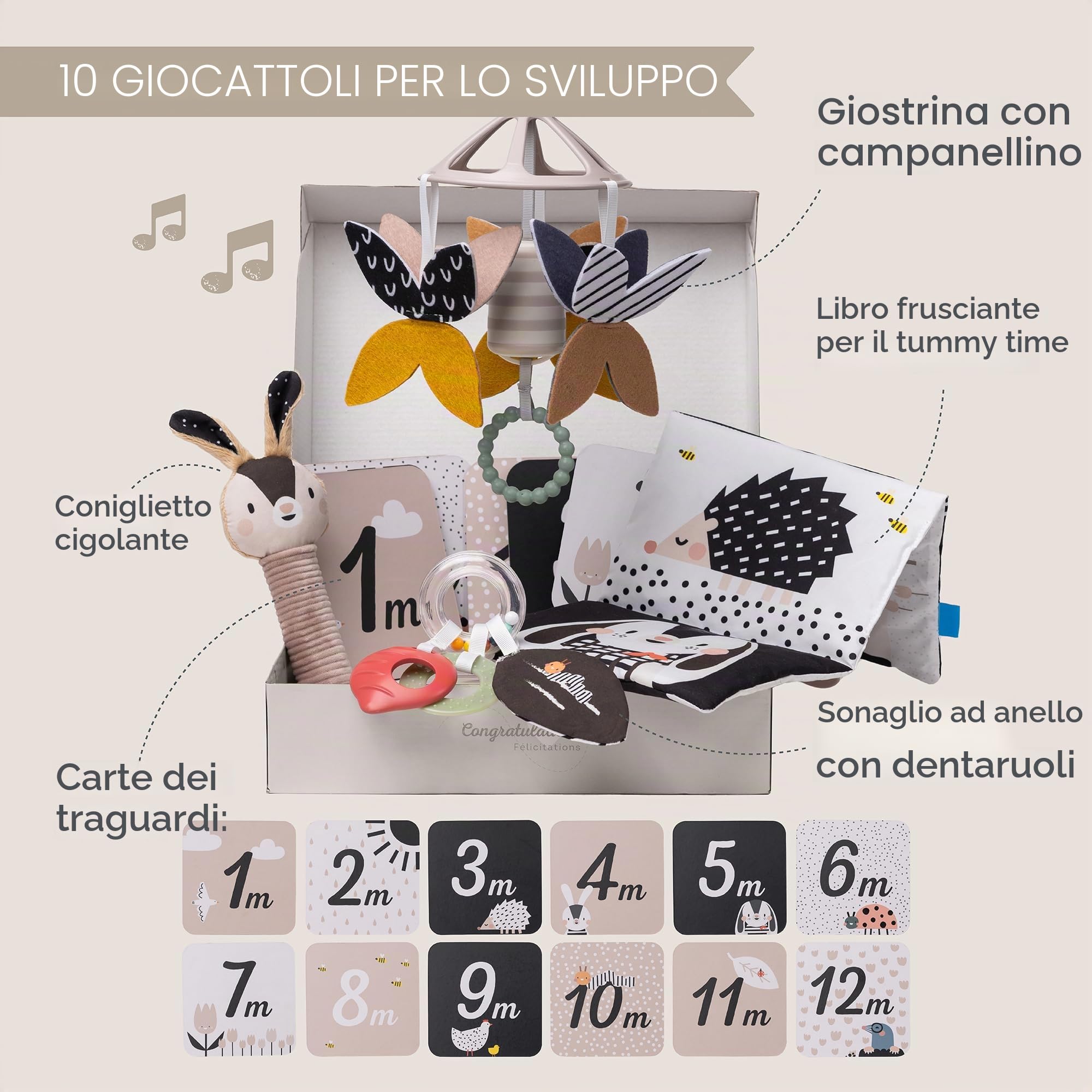 Taf Toys Confezione regalo per neonati in bianco e nero 10 giocattoli per neonati ad alto contrasto con sonaglio mobile, libro sensoriale e altro ancora giocattoli essenziali per la pancia ideale per