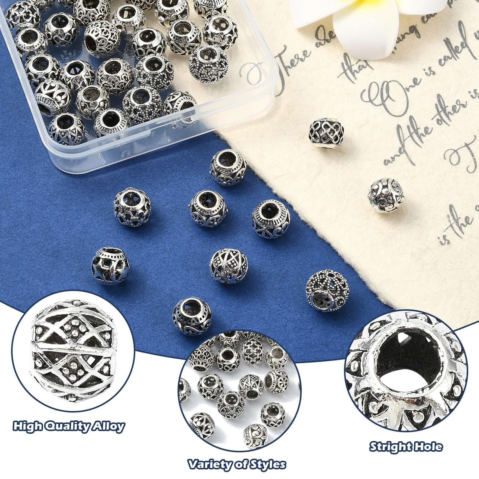 UR URLIFEHALL 40 Pcs 10 Styles Tibetan Style Antique Silver Spacer Beads Large Hole Round Beads for Jewellery Making Bracelets Hairband Crafts - Image 3