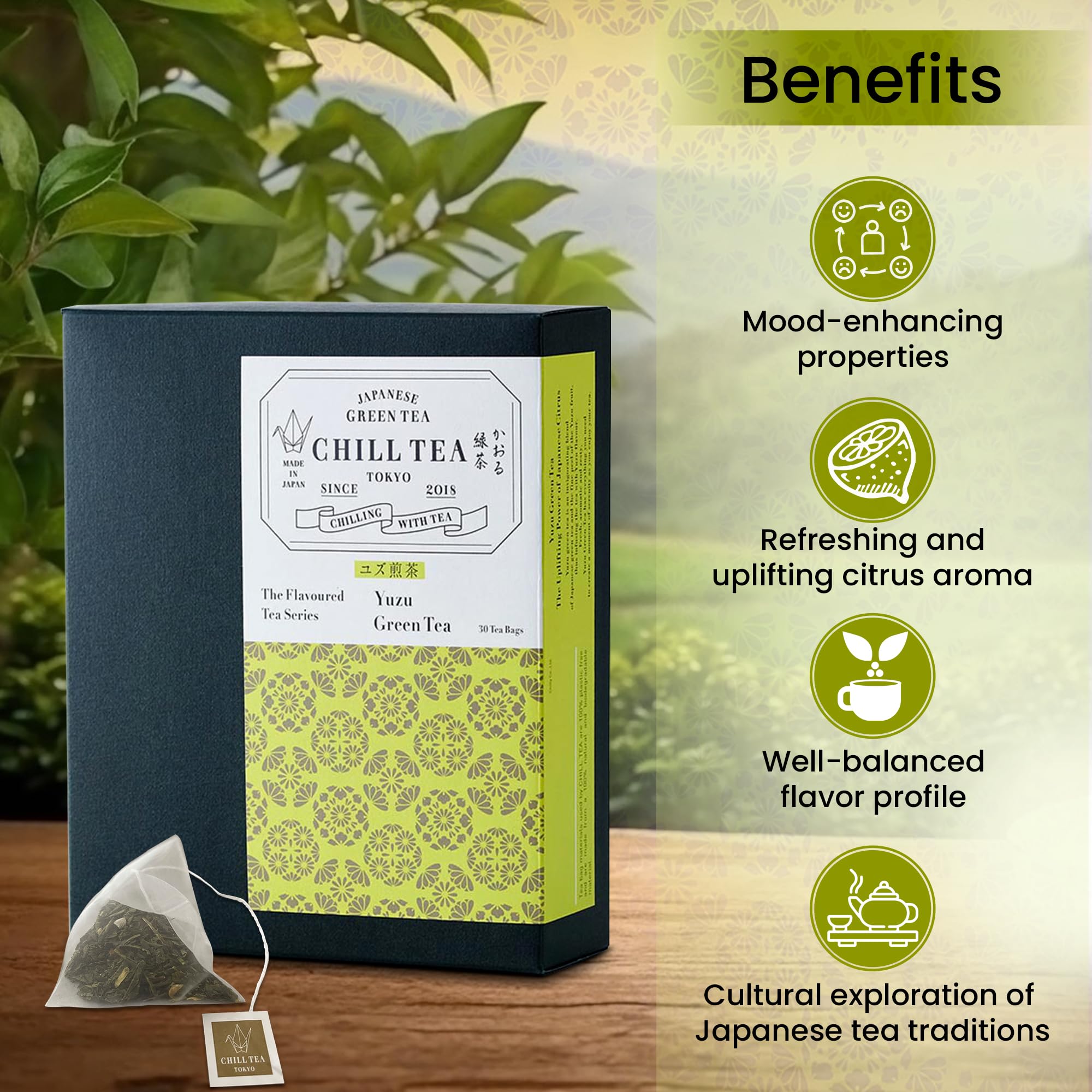 Yuzu Zitrus Grüntee von CHILL TEA Tokio - 100% Japanischer Grüntee - Plastikfrei, natürlichen teebeutel - Frischer Geschmack (30 Teebeutel)