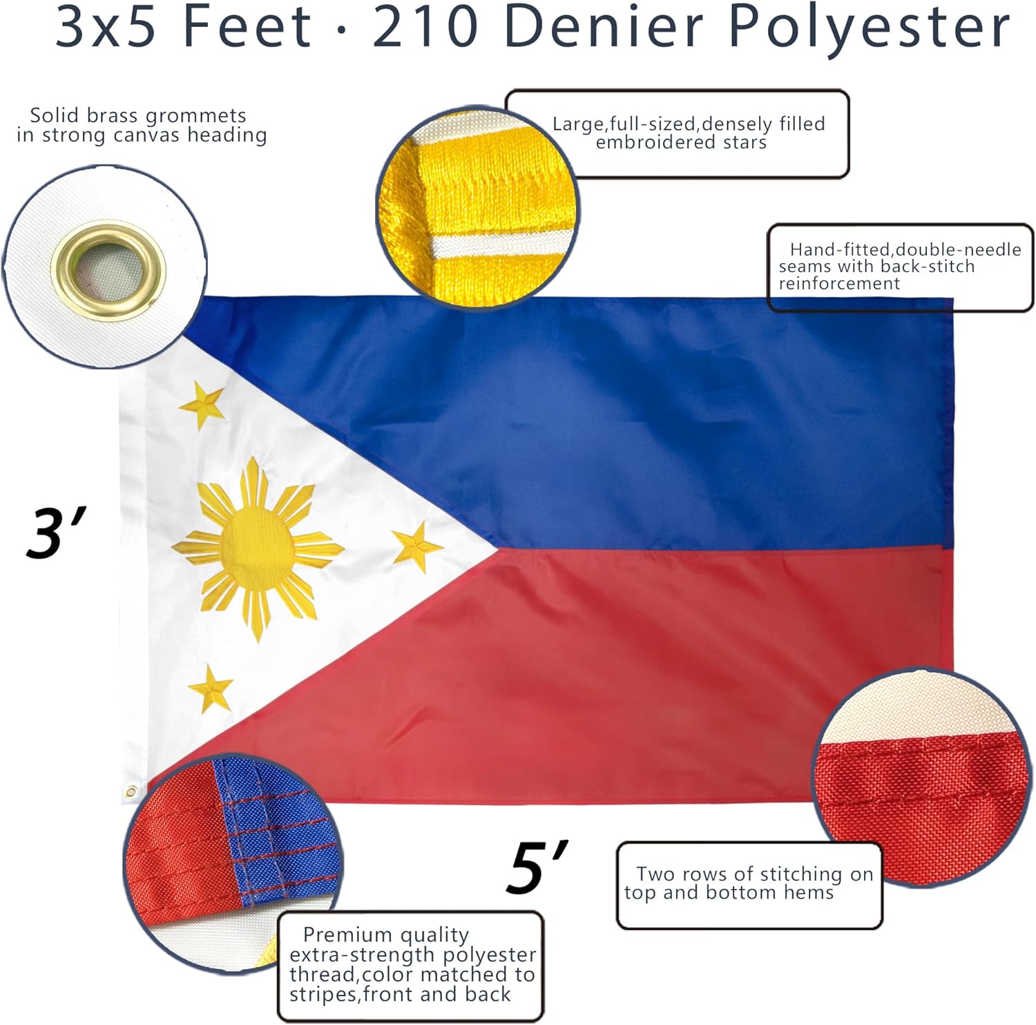 Anley EverStrong Series Philippines Flag 3x5 Foot Heavy Duty - Embroidered and Sewn Stripes - 4 Rows of Lock Stitching - Filipino Philippine National Banner Flags with Brass Grommets 3 X 5 Ft