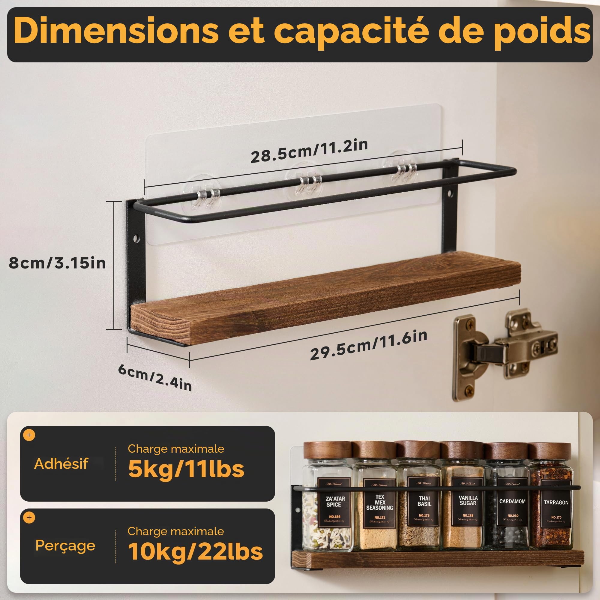Étagère à épices murale à 2 niveaux avec 12 bocaux en verre, 216 étiquettes et entonnoir – Support à vis/adhésif, rangement à épices en métal noir et bois pour placard de cuisine, garde-manger