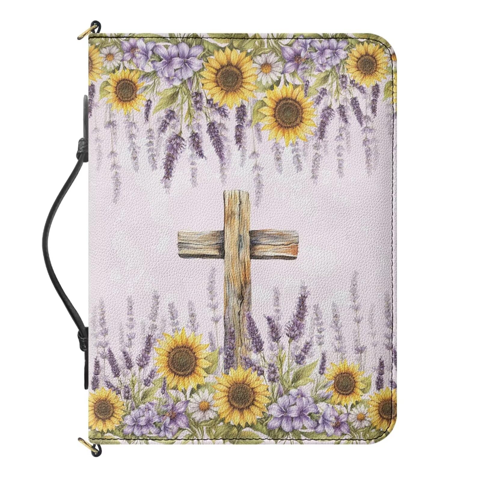 Urndoeng Large Bible Cover W/Shoulder Strap,Carrying Book Case Church Bag Bible Protective W/Pen Slots and Zippered Pocket,Gifts for Women Crucifix Print Purple — image 1