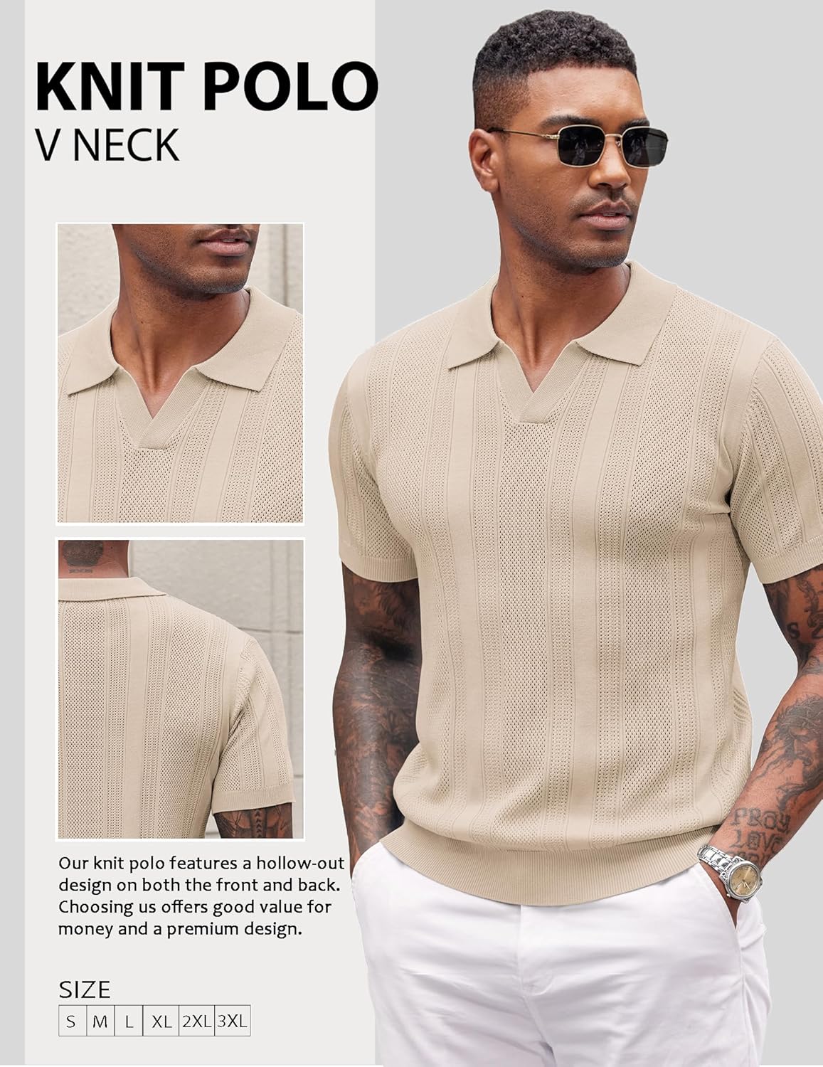 COOFANDY Mens Knit Polo Shirts V Neck Textured Polo Shirts Short Sleeve Breathable Polo Casual Collared T Shirt Fashion Tops - Image 4