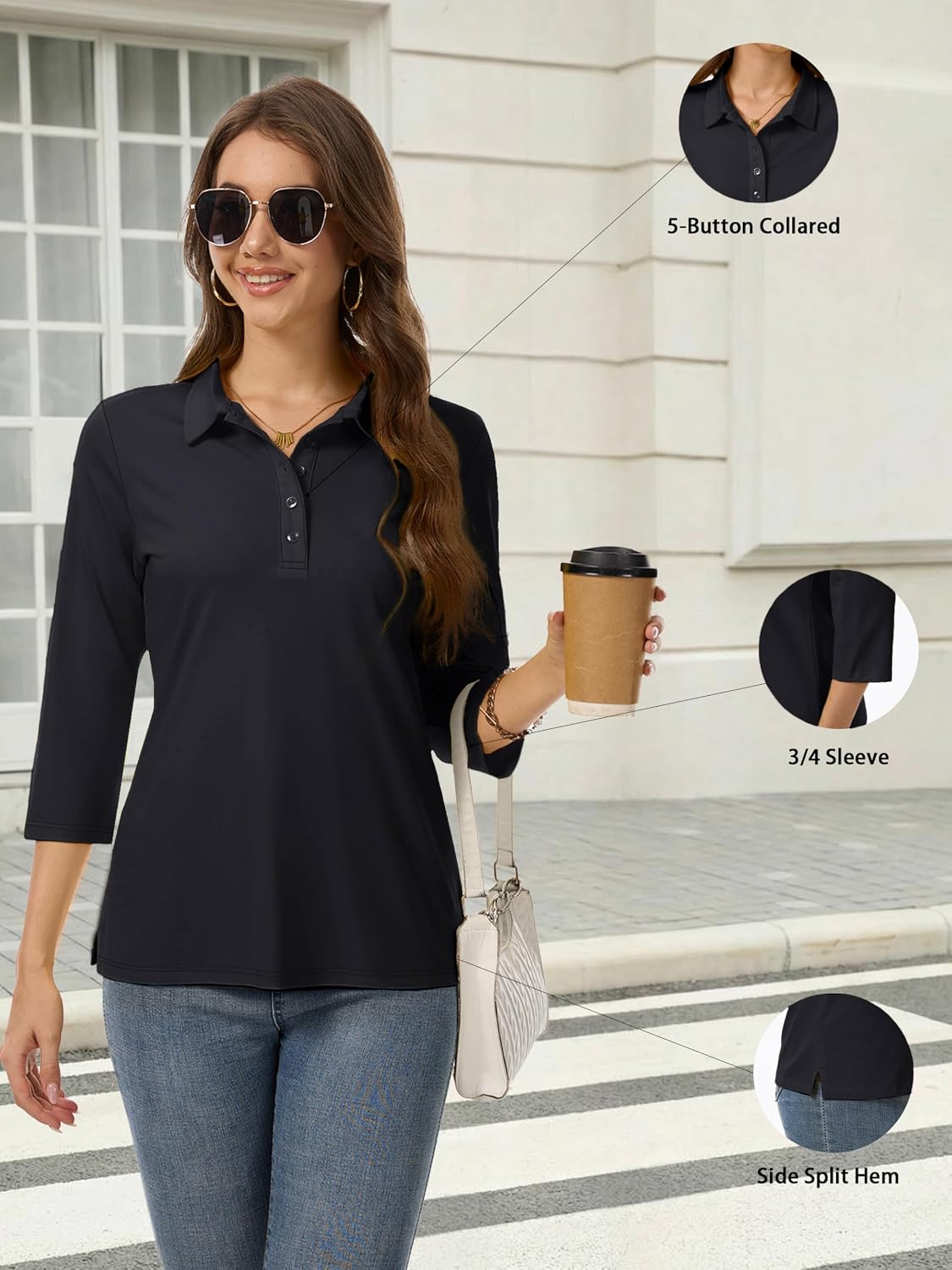 SMENG Women's Polo Shirt 3/4 Sleeve Collared Golf Shirt