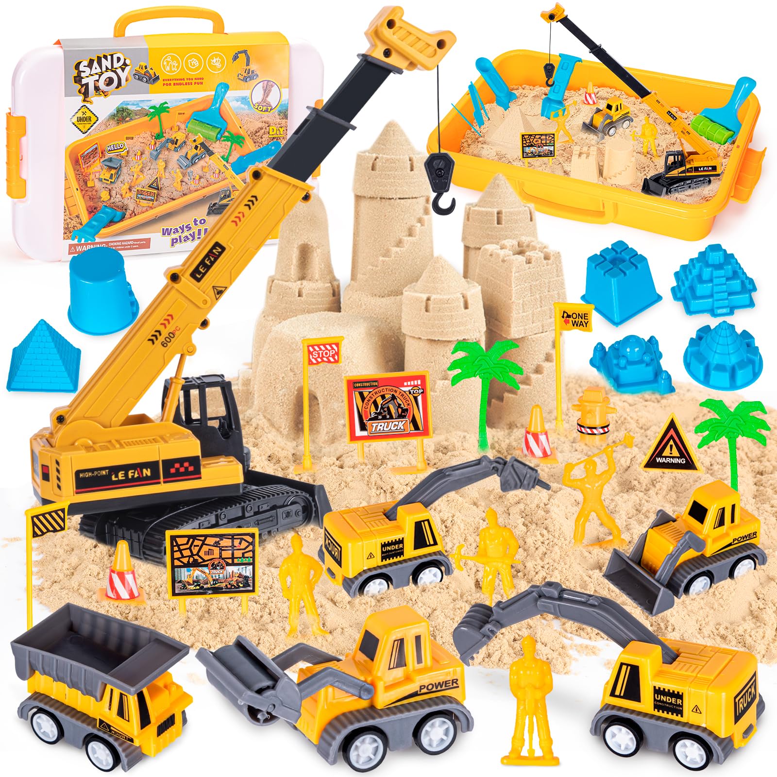 Thedttoy Arena Mágica y Cinética para Niños, Sitio de Construcción Caja con 2KG Arena Magica, Grúa Juguete, Mini VehÍculos&Moldes de Arena, Juguetes Sensoriales Juego de Arena Regalo para Niños Niñas