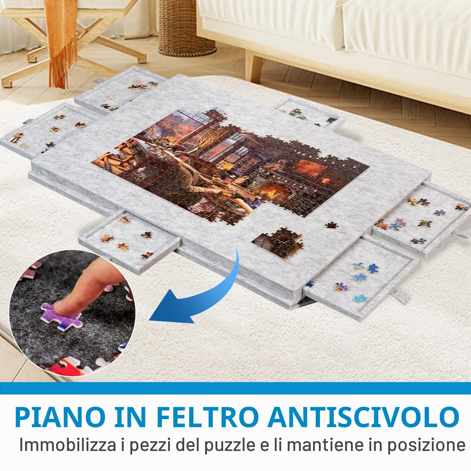 Tavola Puzzle Pieghevole,Tavolo Puzzle Inclinabile con 6 Cassetti,Leggero in Feltro Puzzle Plateau con Supporto e Copertura Progettati 2 in 1 Portatile Salvaspazio Può Ospitare 1000 pezzi (Grigio)