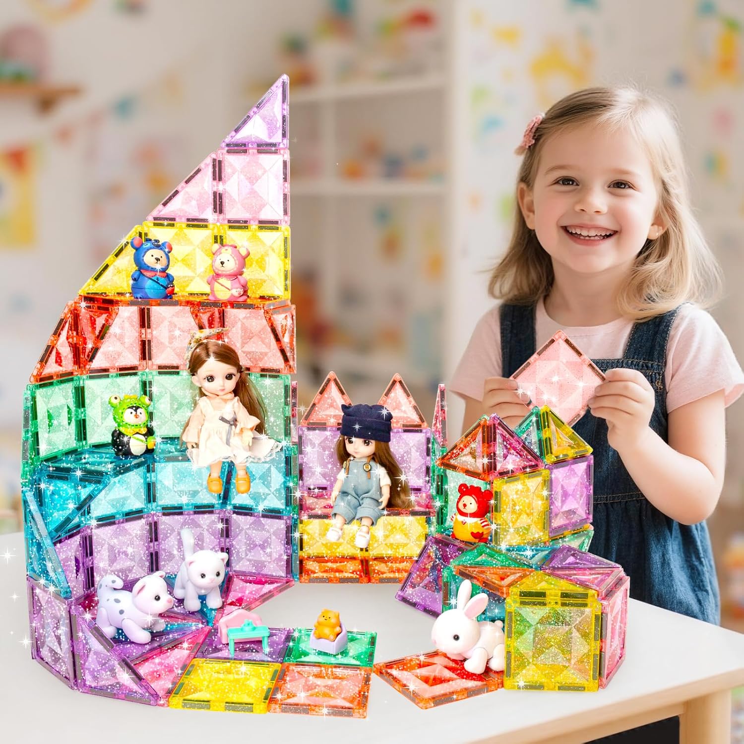 Large Pastel Magnetic Tiles - 48 Pcs Macaron-Colored Glitter Magnetic Blocks with Travel Metal Storage Box - Diamond STEM Toys for Girls Ages 3-8 - Portable Sensory Building Set for Kids