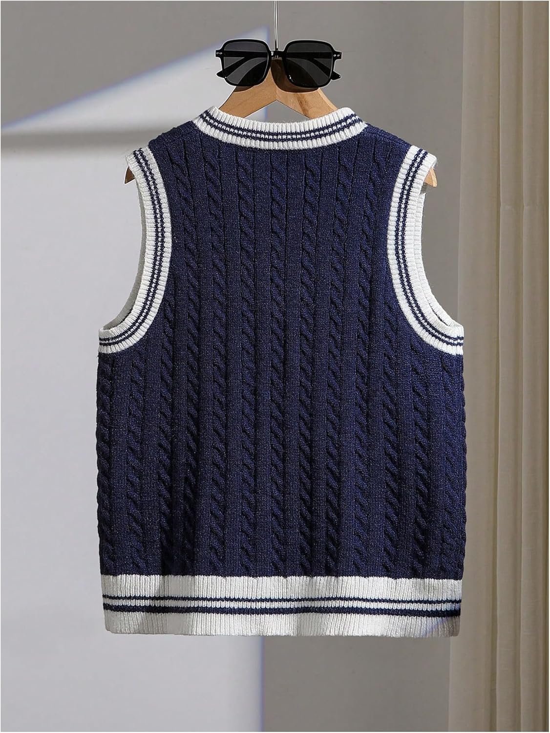 SOLY HUX Boy's Cable Knit Sweater Vest Striped Trim V Neck Sleeveless Casual Fall Tops - Image 2