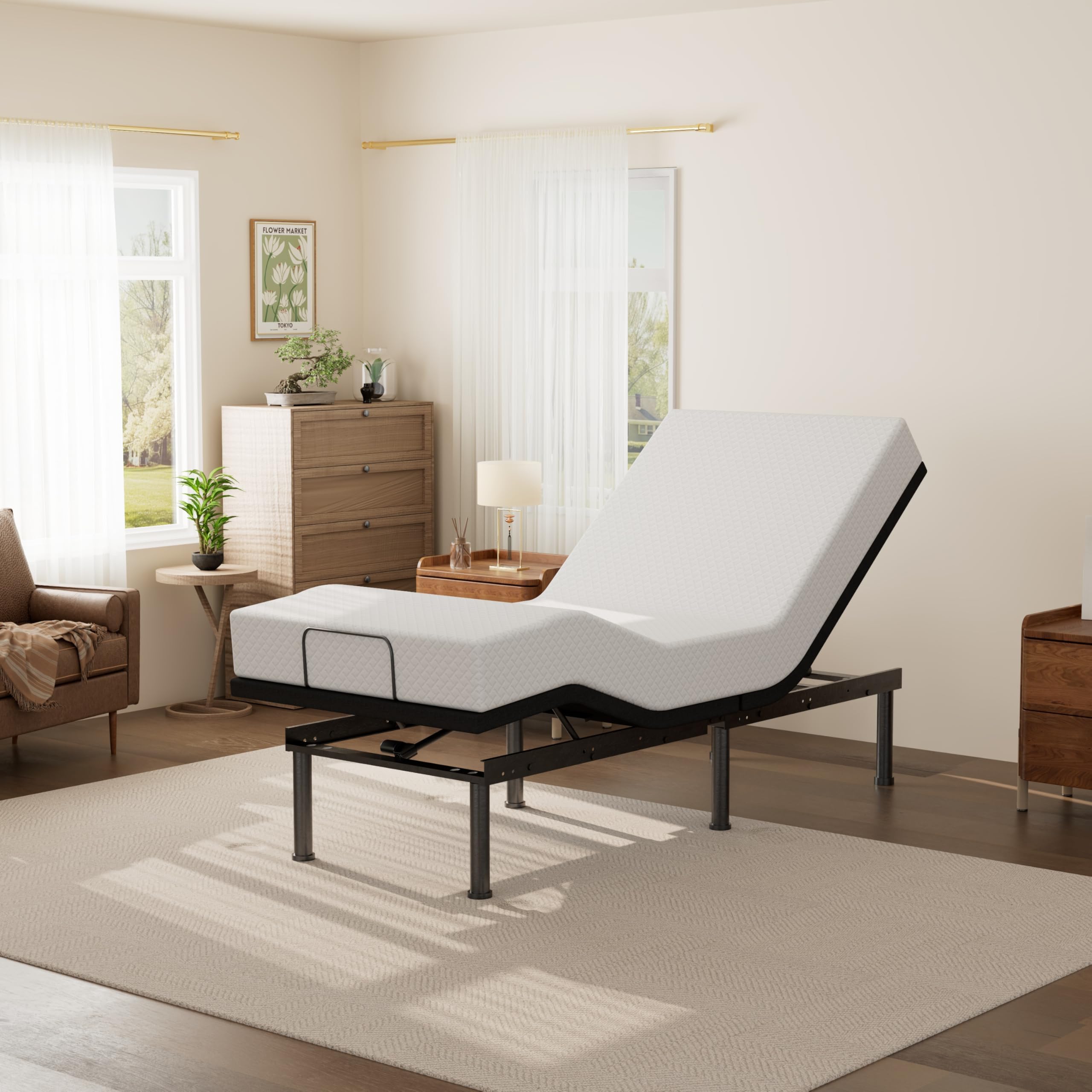 - Twin XL Adjustable Bed Base Frame and 12 inch Green Tea Memory Foam Mattress, Electric Bed Base Wireless Remote, Zero Gravity Bed, Head and Foot Incline, Anti-Snore,Easy Assembly