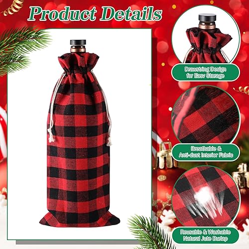 Miniatura 4 de 60 bolsas de regalo de vino de Navidad de 13.8 x 5.9 mas, bolsas de regalo para botellas de vino con cordón de lana cuadriculada, arpillera a