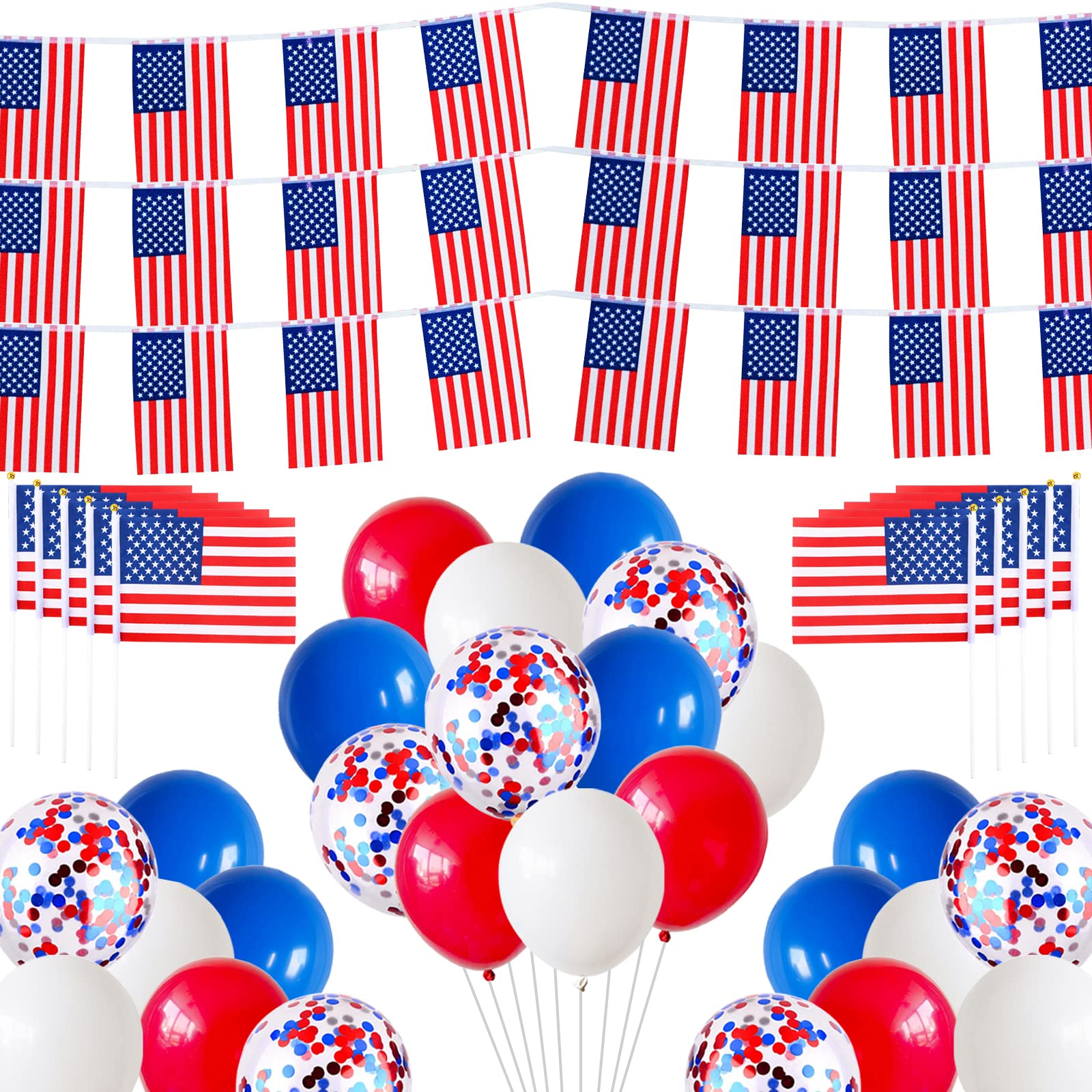 4th of July Party Decorations Set,GRESATEK 32pcs Red White Blue Balloons 30pcs American Flag Bunting 10pcs Handheld American Flags for American Independence Day Event Anniversaries USA Patriotic Decor