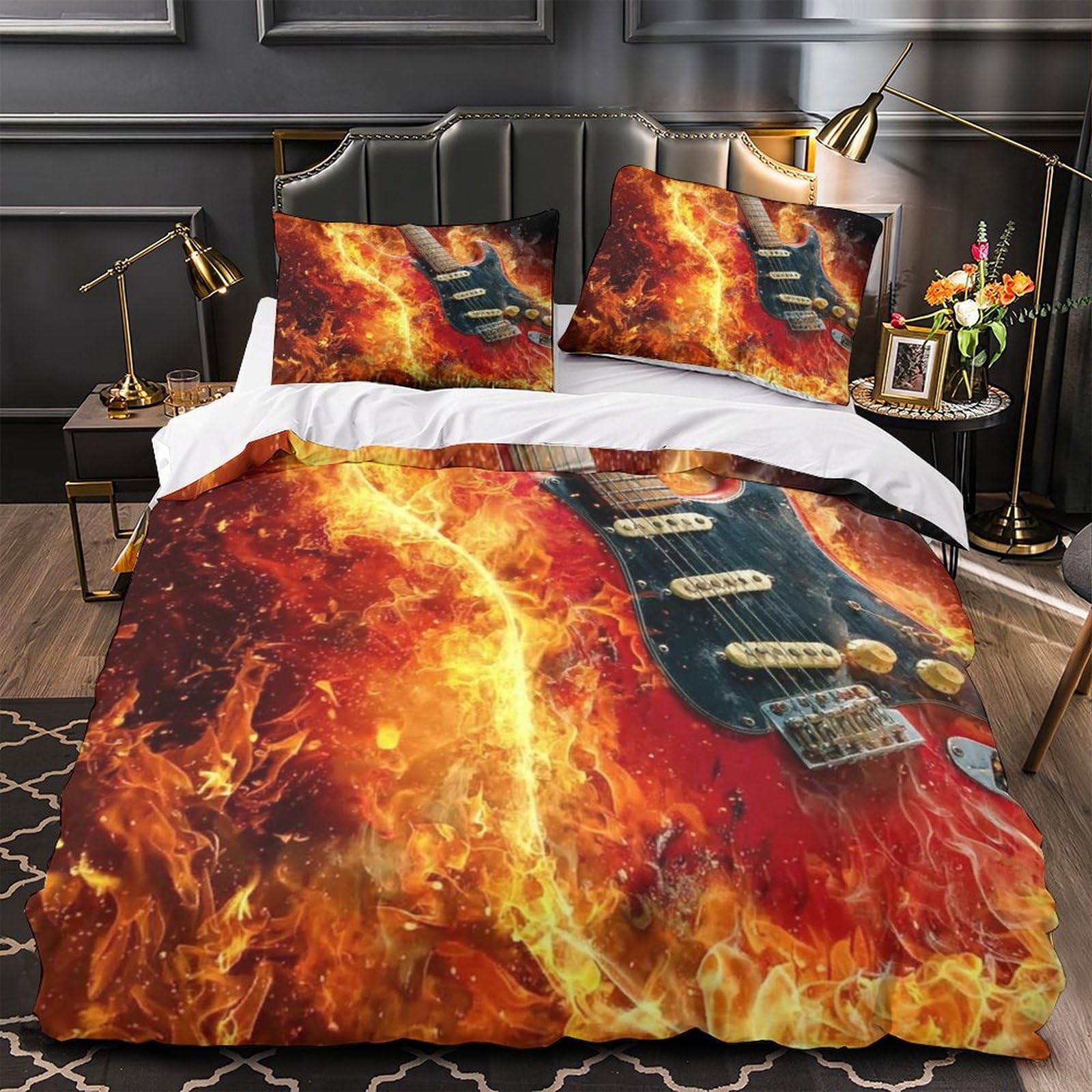Housse de couette guitare électrique 140x200 microfibre avec taie d'oreiller lit simple rock