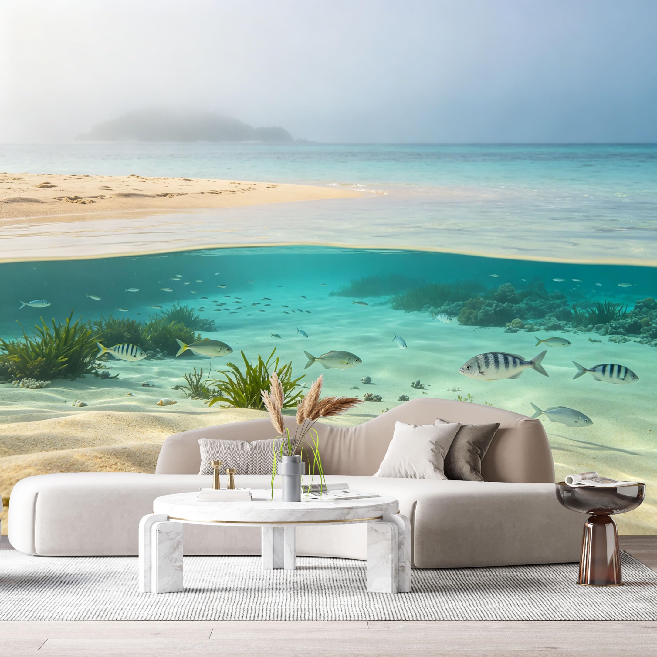 Custom Size Wall Murals Coastal Ocean Marine Split View Tropical Fish Sandy Seabed SelfAdhesiveWall Fabric Removable Wallpaper Wall Decor for Living Room Bedroom Bathroom