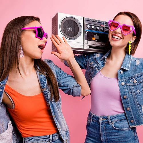 Miniatura 7 de Hicarer 4 pares de aretes de los años 80 para mujer, aretes de neón de los años 90, joyería retro para fiesta brillante, disfraz de los años 80,