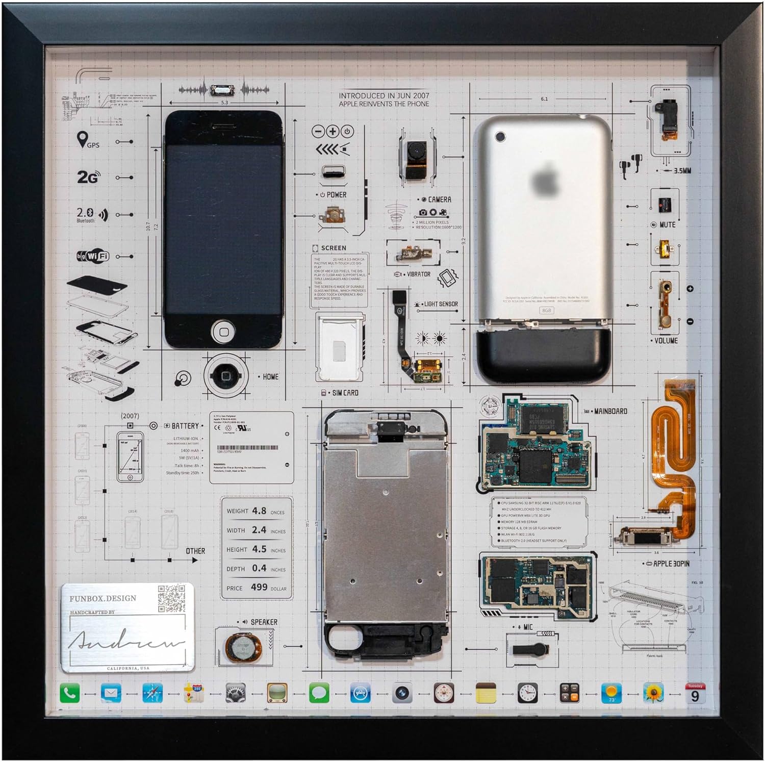 Wall Art,Framed Teardown Art for iPhone 1st Gen,Disassembled Display for iPhone 1st Gen, Handmade Decor for Tech Lovers,Great Gift for Him (Square)