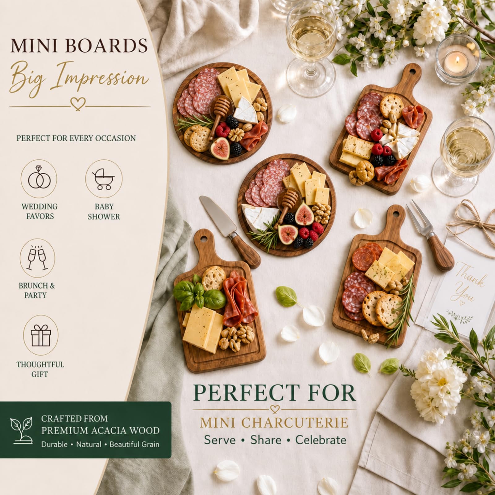 Maxcheck Juego de 6 juegos de premios de juego de novia para baby shower, juego de mesa redonda de queso, mini tabla de embutidos de madera con cuchillos y tenedores, tarjeta de agradecimiento a