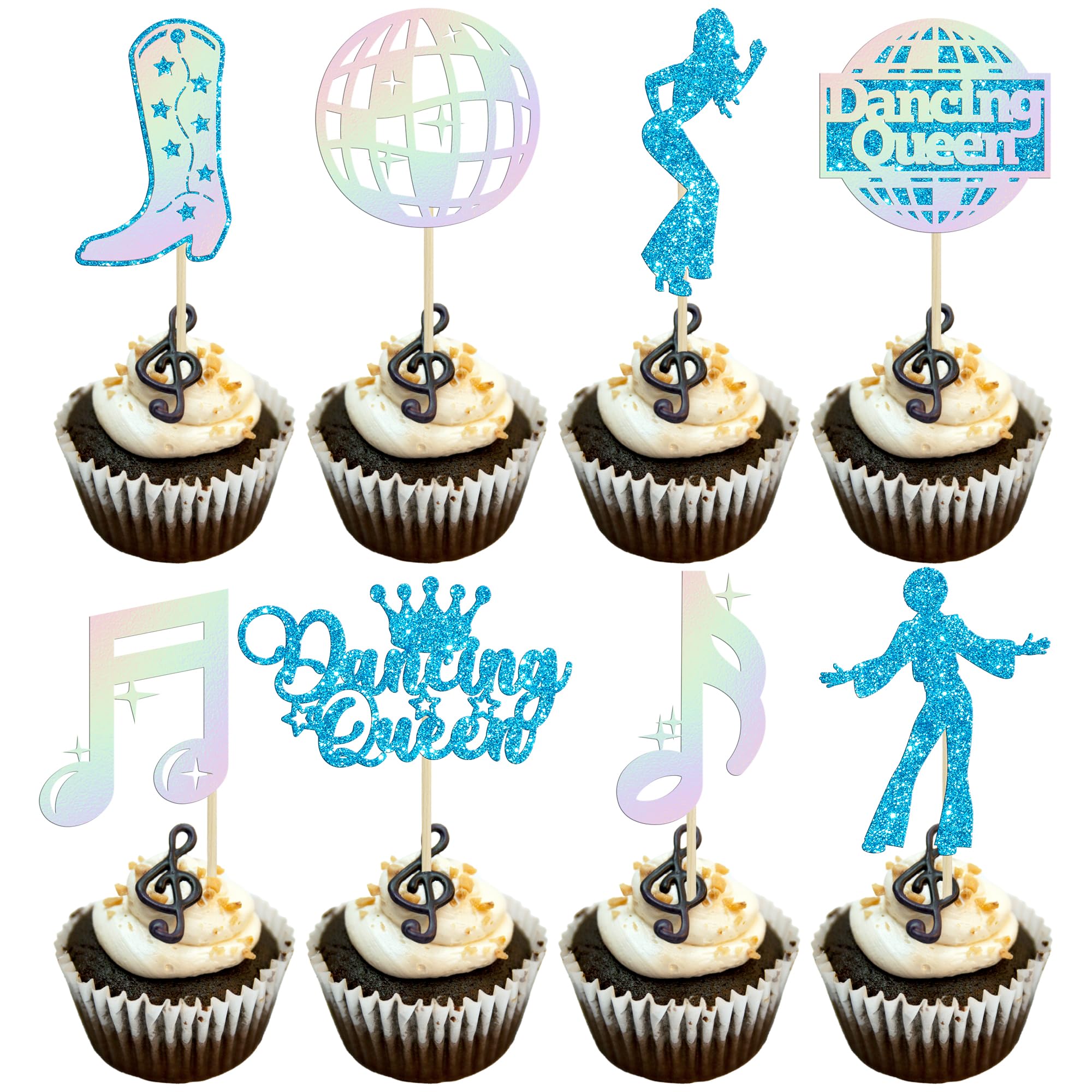 Gyufise 24Pcs Dancing Queen Cupcake Toppers Glitter Disco Ball Music Note Dance Cupcake Pick Decorations for Vintage Disco Dancing Theme Wedding Women Birthday Party Cake Decorations Supplies Blue