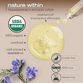 Organic Rosemary Oil for Hair Growth, 100% Pure USDA Certified, 4 Fl Oz | Hexane-Free, Steam-Distilled for Scalp, Skin & Aromatherapy Nourishes Roots, Non-Greasy in Amber Glass Bottle