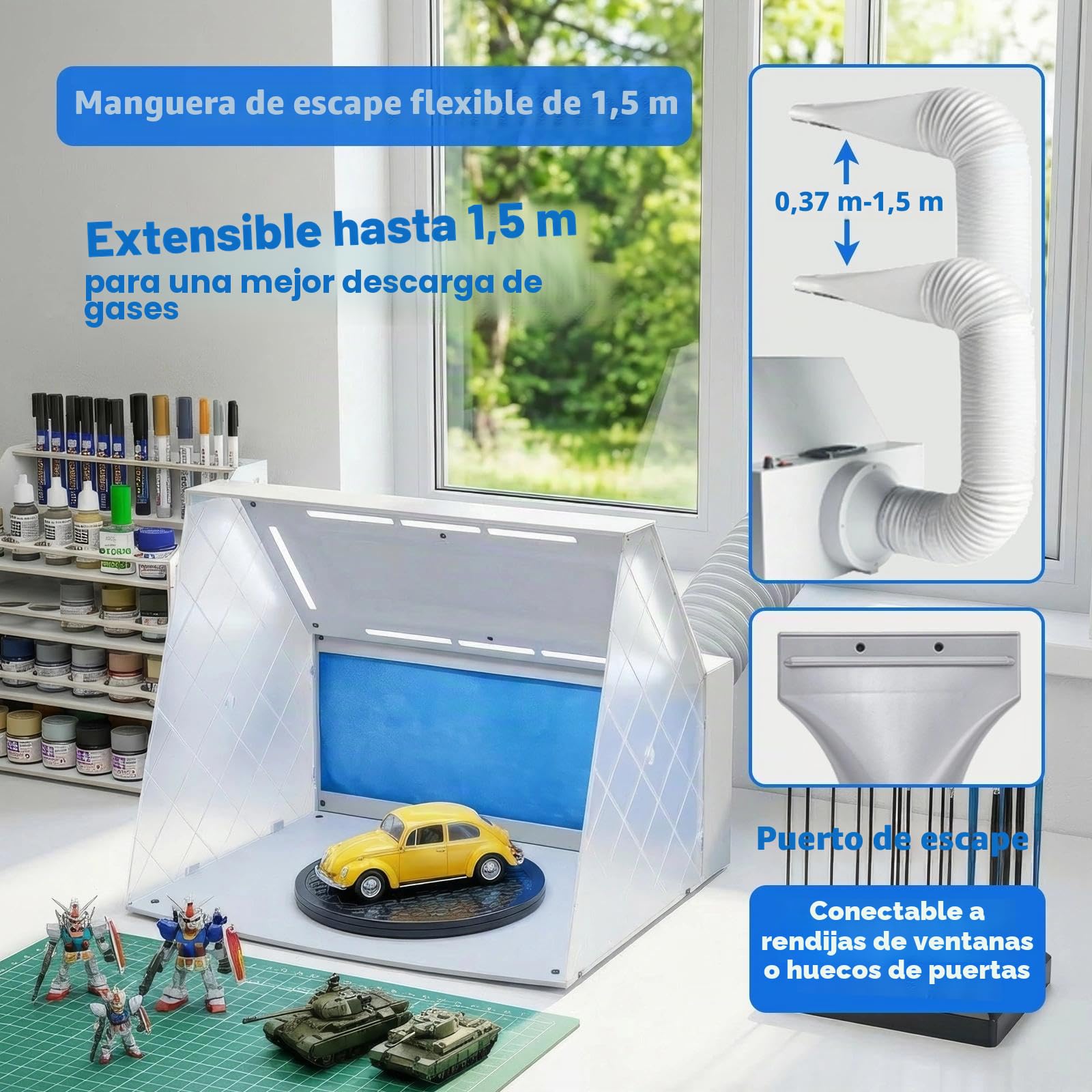ABEST cabina de pintura con aerógrafo, ventilador potente ajustable y 4 luces LED, filtro de 2 capas con plato giratorio de 19 cm, 16 barras de cocodrilo para pintura, modelismo y artesanía