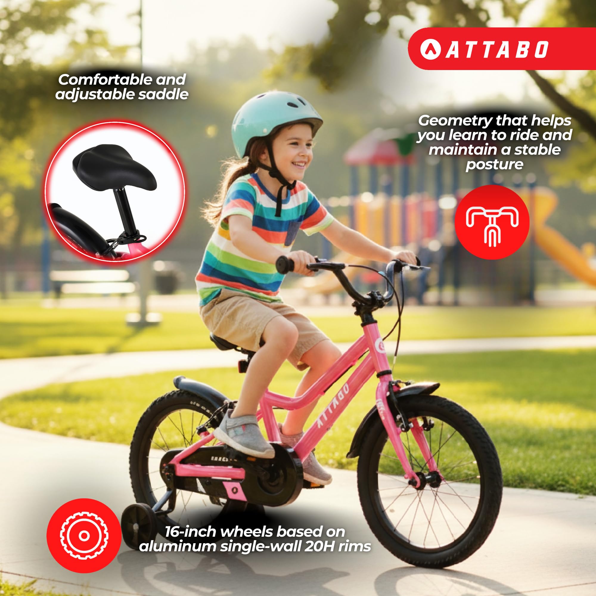 ATTABO Rower dziecięcy Knack 16 (5-7 lat) z lekką aluminiową ramą (9 kg), koła 16", do 110-120 cm, ergonomiczna kierownica, stabilna i lekka kierownica, idealny do nauki w