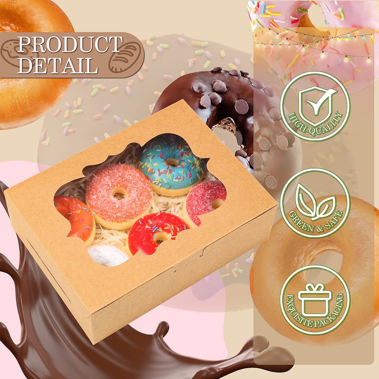 KPOSIYA 65 cajas de galletas de 8 x 6 x 2.5 pulgadas con ventana, cajas de panadería marrones para regalo, golosinas, postres, cupcakes, chocolate, fresas, donas, magdalenas (5 ventanas de estilo)