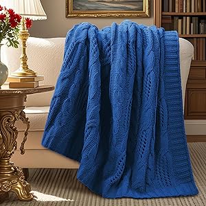 Amlie Home Chunky Knit Throw Blanket, Dual-Sided Soft Chenille Breathable Cable Knitted Blanket for Couch, Farmhouse Decorative Throw for Sofa & Chair, 50"x60", Blue