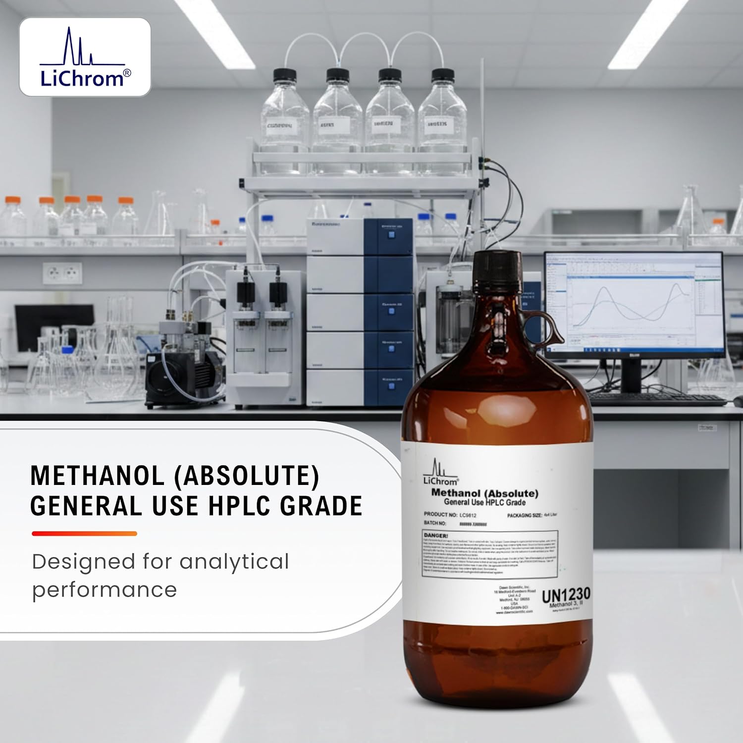 Methanol Absolute HPLC Grade 4X4L from LiChrom | High Purity Laboratory Solvent for Chromatography, Analytical Testing, Research Applications Ground Shipping ONLY