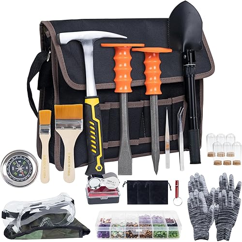 Geology Rock Pick Hammer Kit – 25PCS Rock Hammer Kit, Complete Geology Kit with Chisels,Folding Shovel, Safety Gear,Gold Panning Kit Accessories, Rock Hounding Equipment for Outdoor Exploration