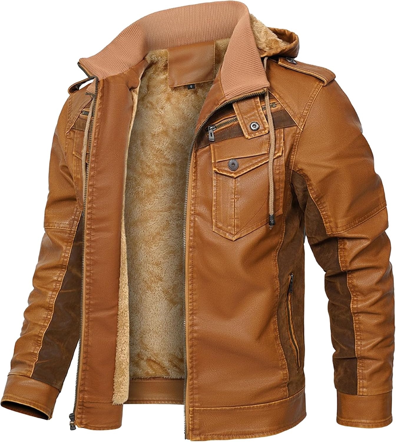 Men's Leather Jacket Retro Zip-UP Stand Collar Faux Leather Motorcycle Biker Jackets Coat With Removable Hood