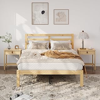 Yumori Wood Full Bed Frames with Headboard, Solid Wood Platform Bed Frame with Wooden Slat Support, No Box Spring Needed, Easy Assembly, Natural Pine