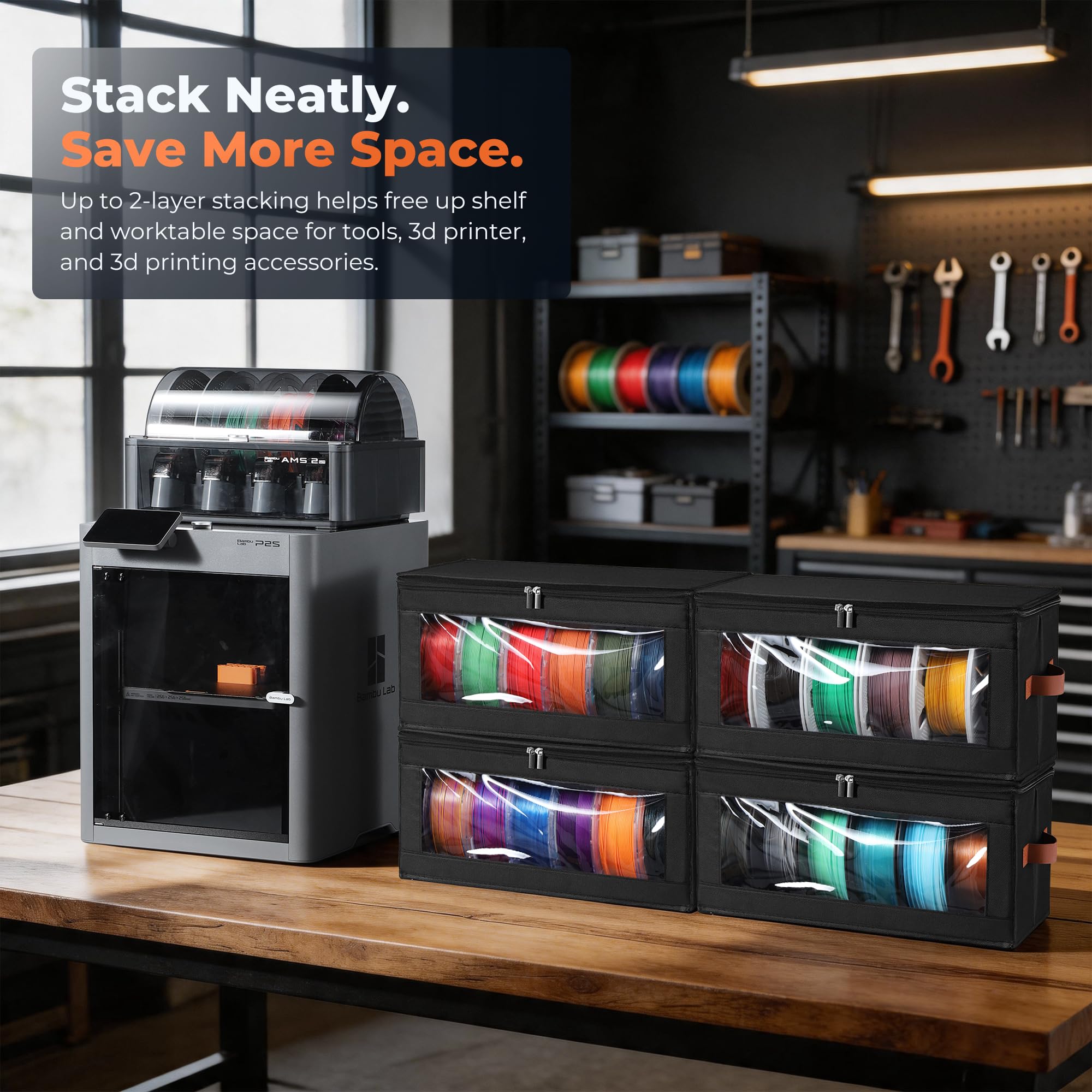 YOOPAI Filament-Aufbewahrungsbox, 6er-Pack Stapelbarer Aufbewahrungsboxen für 36 Rollen 3D-Drucker-Filaments, Faltbar aus Oxford-Gewebe mit transparentem Sichtfenster, PP-Stützplatten und Tragegriffen