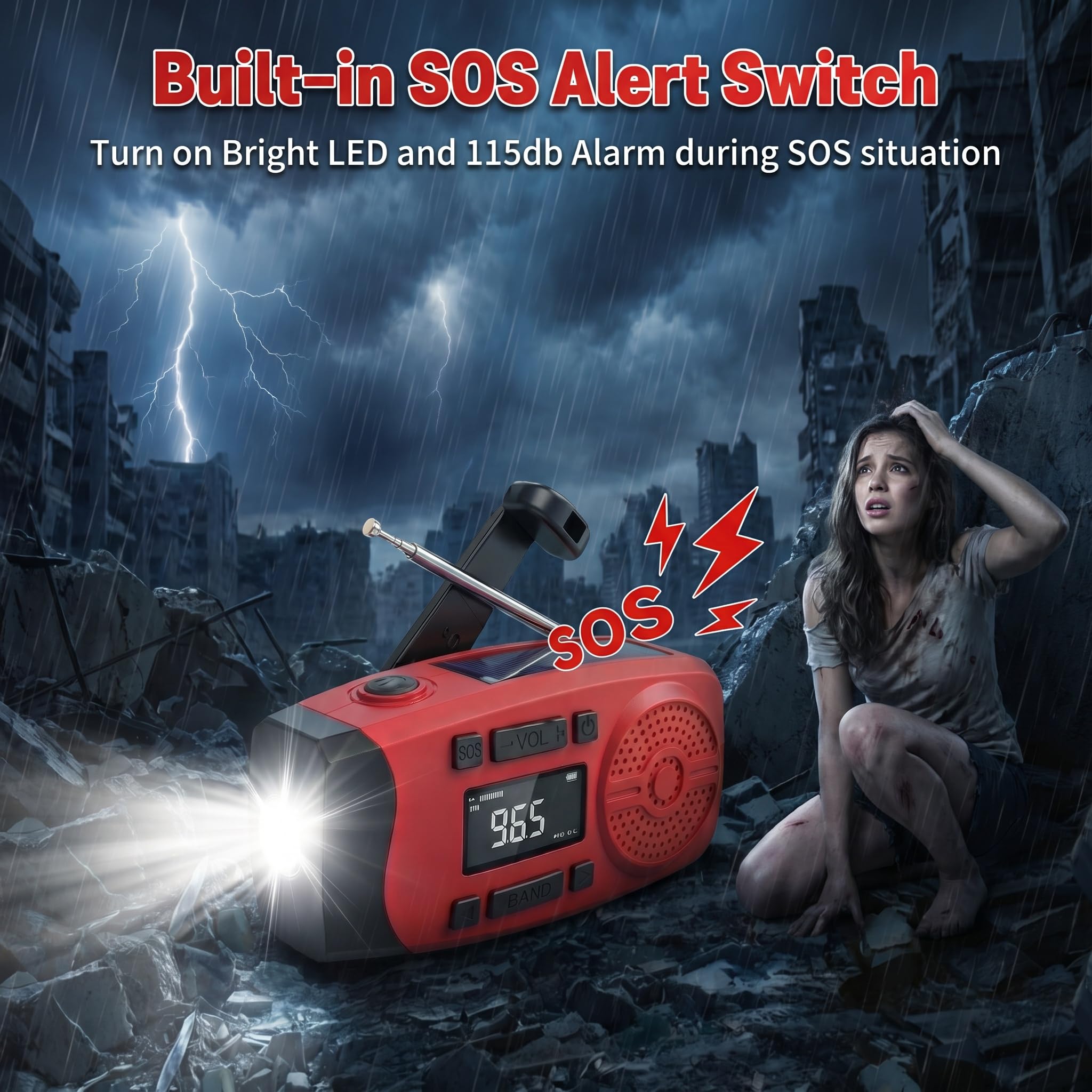 Solarkurbel-Notfallradio mit LCD-Display, 7400mWh Powerbank & 3-in-1 Taschenlampe mit SOS-Alarm, AM/FM Radio, USB/Solar/Handkurbel, Kompakte Überlebensausrüstung für Camping & Haus