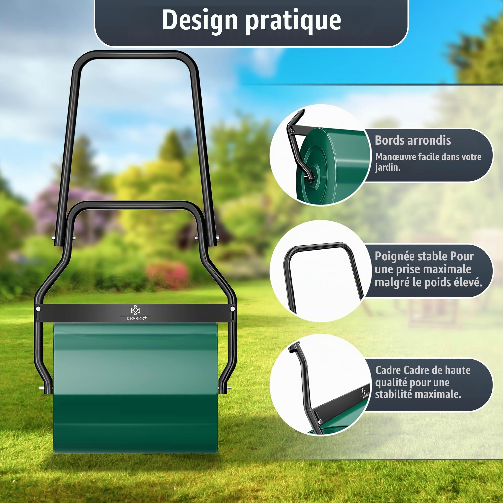 KESSER® Rouleau à gazon en métal à remplir avec de l'eau ou du sable - Volume de remplissage de 60 litres et 50 cm de large - Rouleau de jardin avec gants - Vert