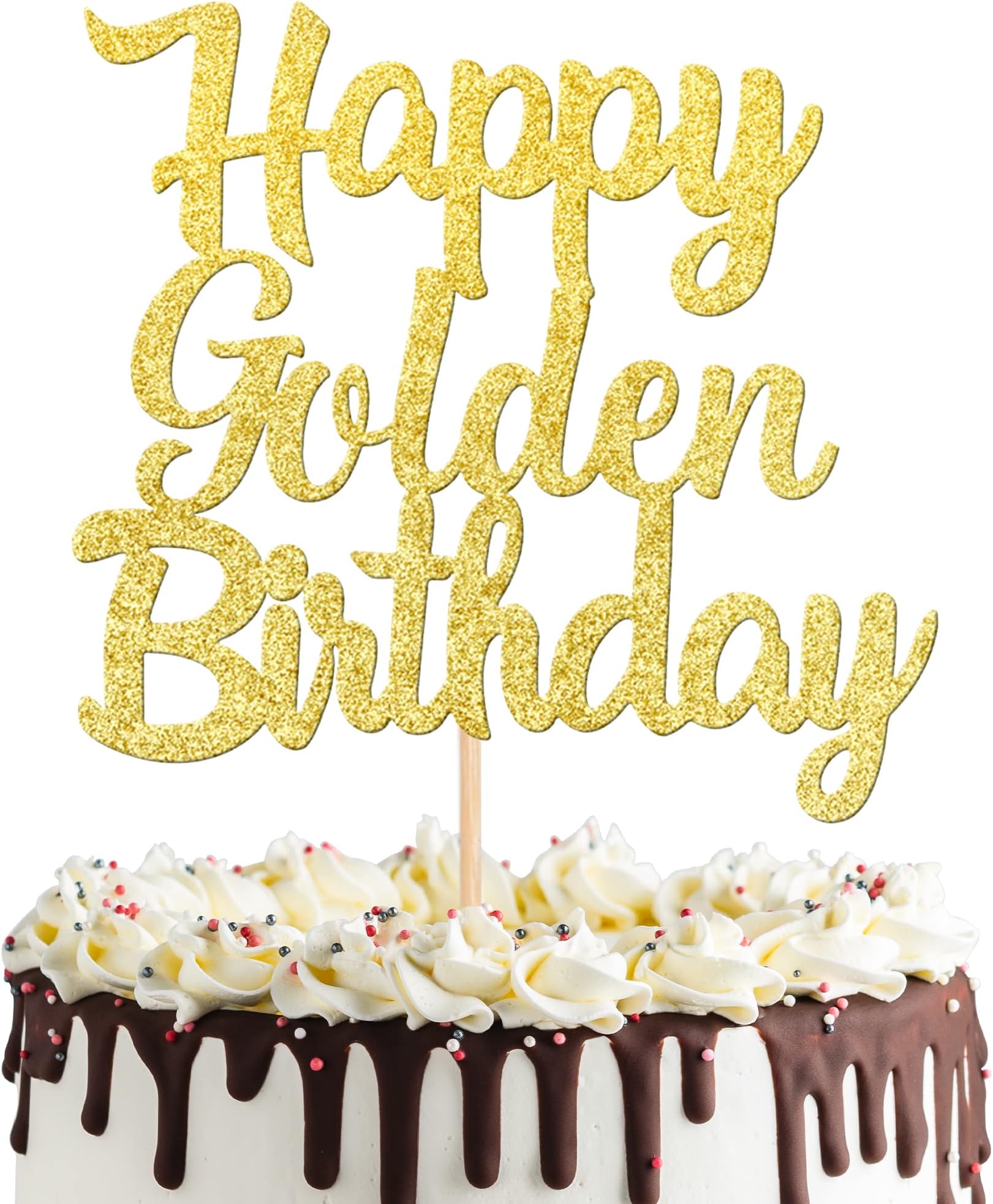 1 PCS Happy Golden Birthday Cake Topper - Gold Glitter Pick for Celebrating Anniversary Theme Party Cake Decorations Supplies
